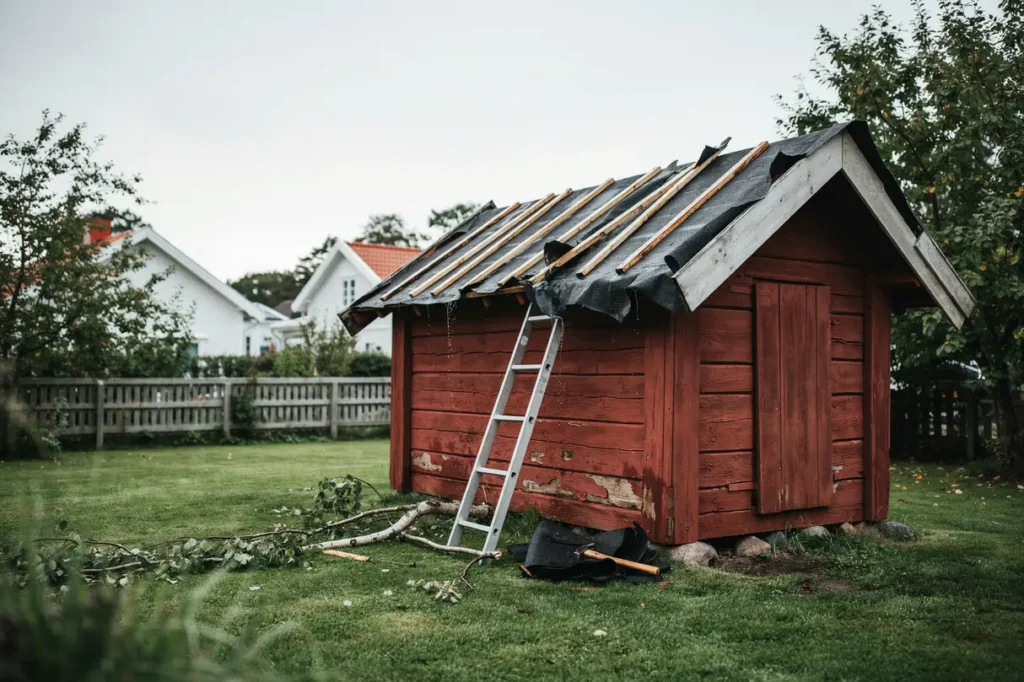 byta takpapp p friggebod efter stormskada